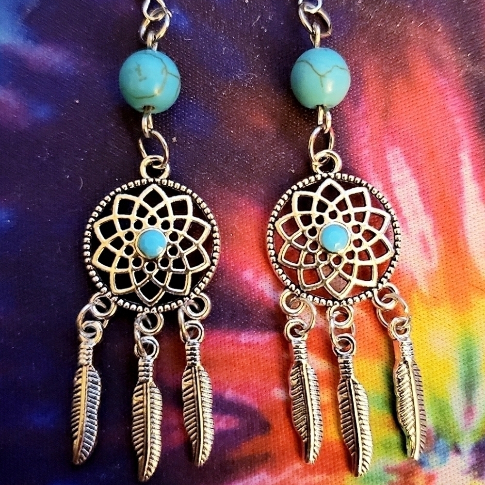 Handmade Turquoise Silver Metal Dreamcatcher Earrings